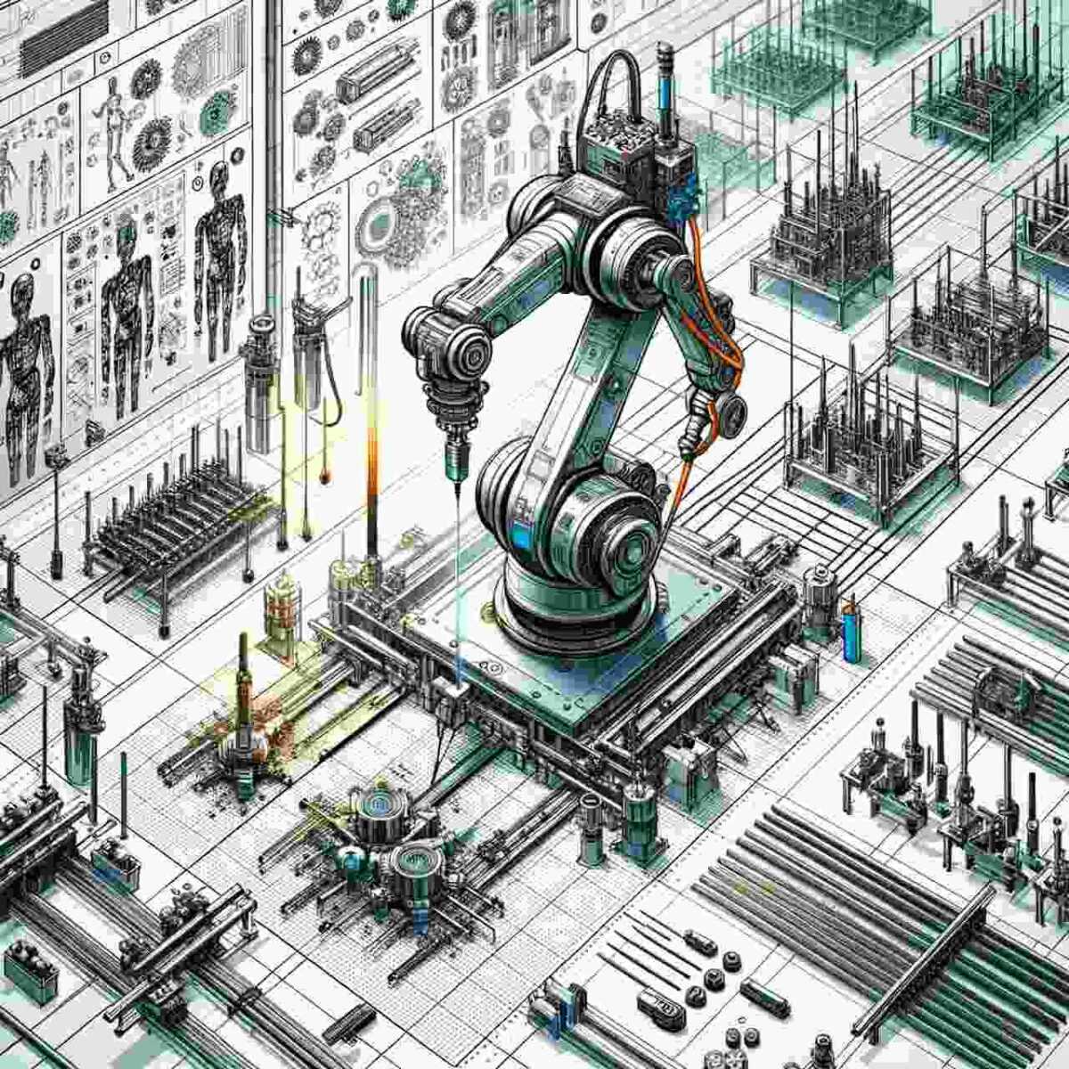 Wektorowe przedstawienie robotów spawalniczych wykonujących precyzyjne spawanie na linii produkcyjnej w przemyśle."