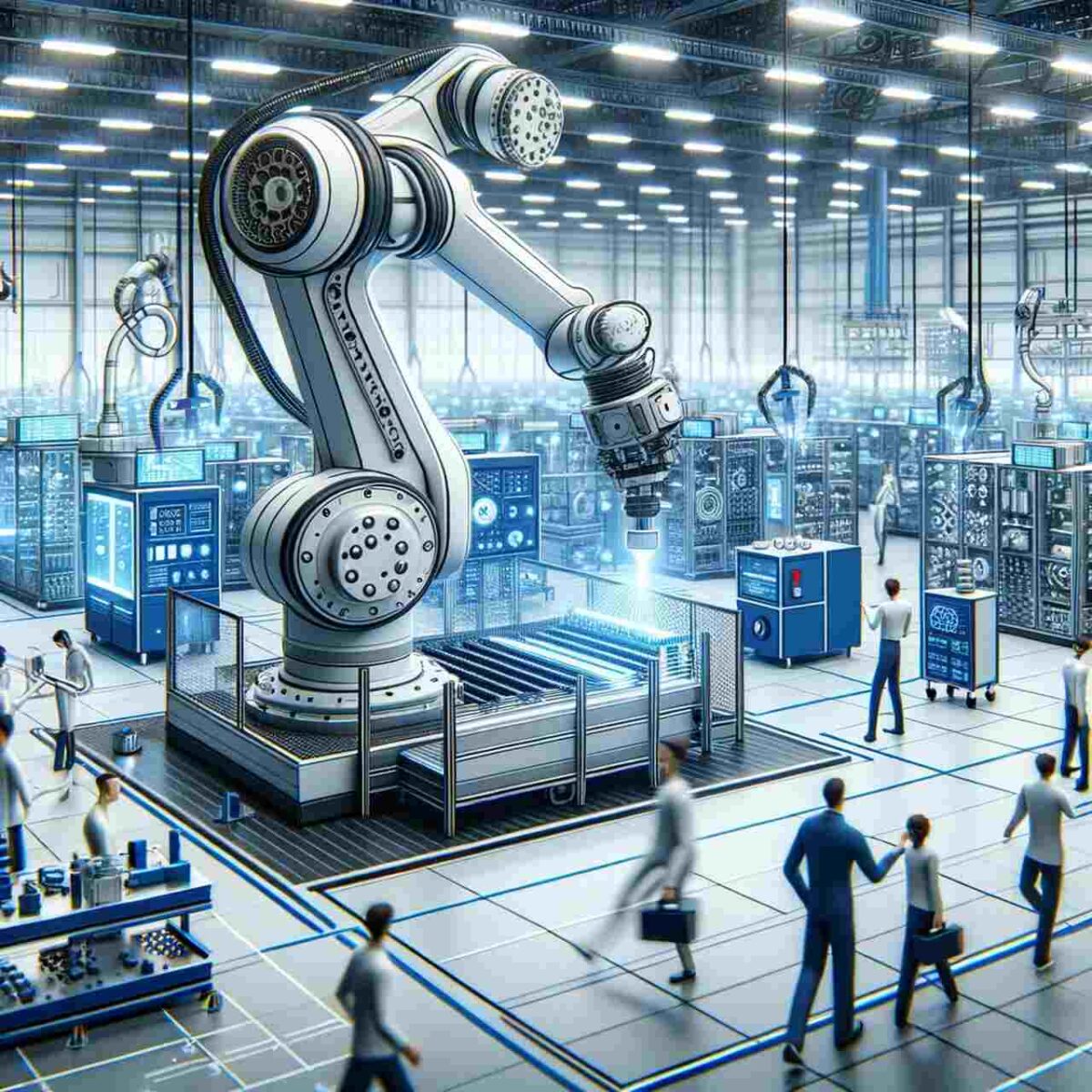 Wektorowa ilustracja linii produkcyjnej z robotami spawalniczymi w przemyśle, dostosowująca się do wymagań klienta w nowoczesnym zakładzie.