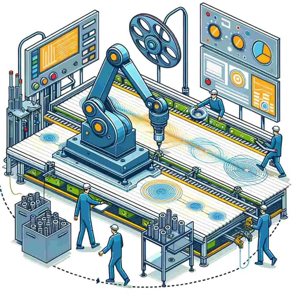 Wektorowe przedstawienie efektywnej linii produkcyjnej z robotami spawalniczymi w przemyśle, z pracownikami nadzorującymi proces."