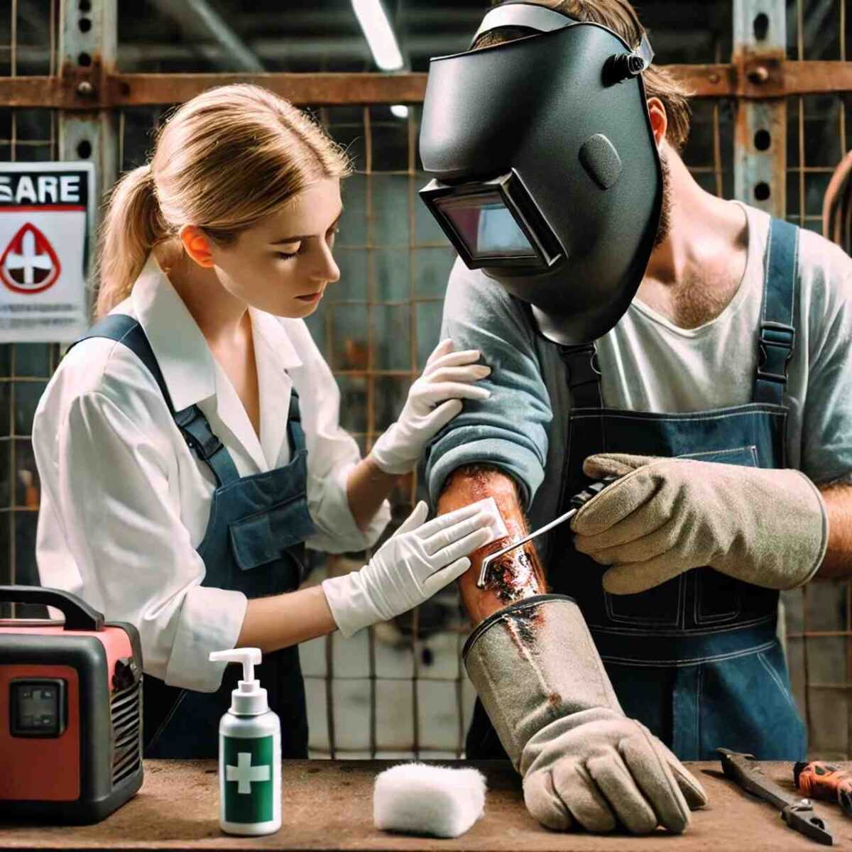 DALL·E 2024 07 07 16.25.10 A detailed scene of first aid for welding burns in an industrial setting. A blonde woman wearing protective gloves is assisting a welder who has bur Easy Resize.com -Sprytny Spawacz.pl