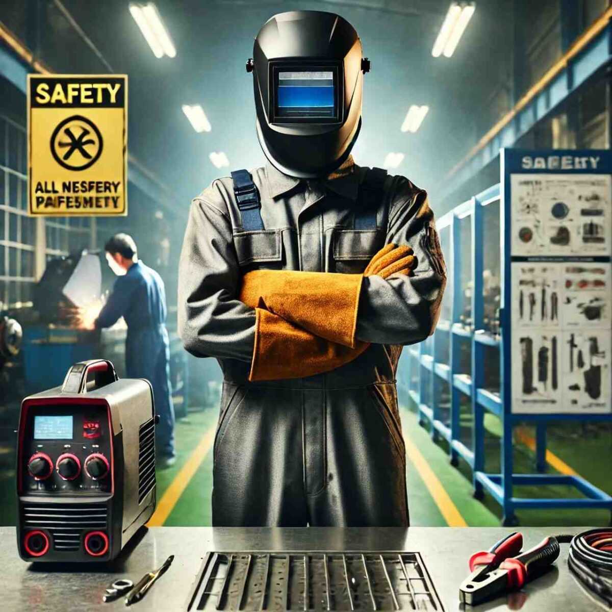 DALL·E 2024 07 07 16.28.46 A detailed image of a welder properly dressed in full protective gear including a high quality welding helmet welding gloves and appropriate protec Easy Resize.com -Sprytny Spawacz.pl