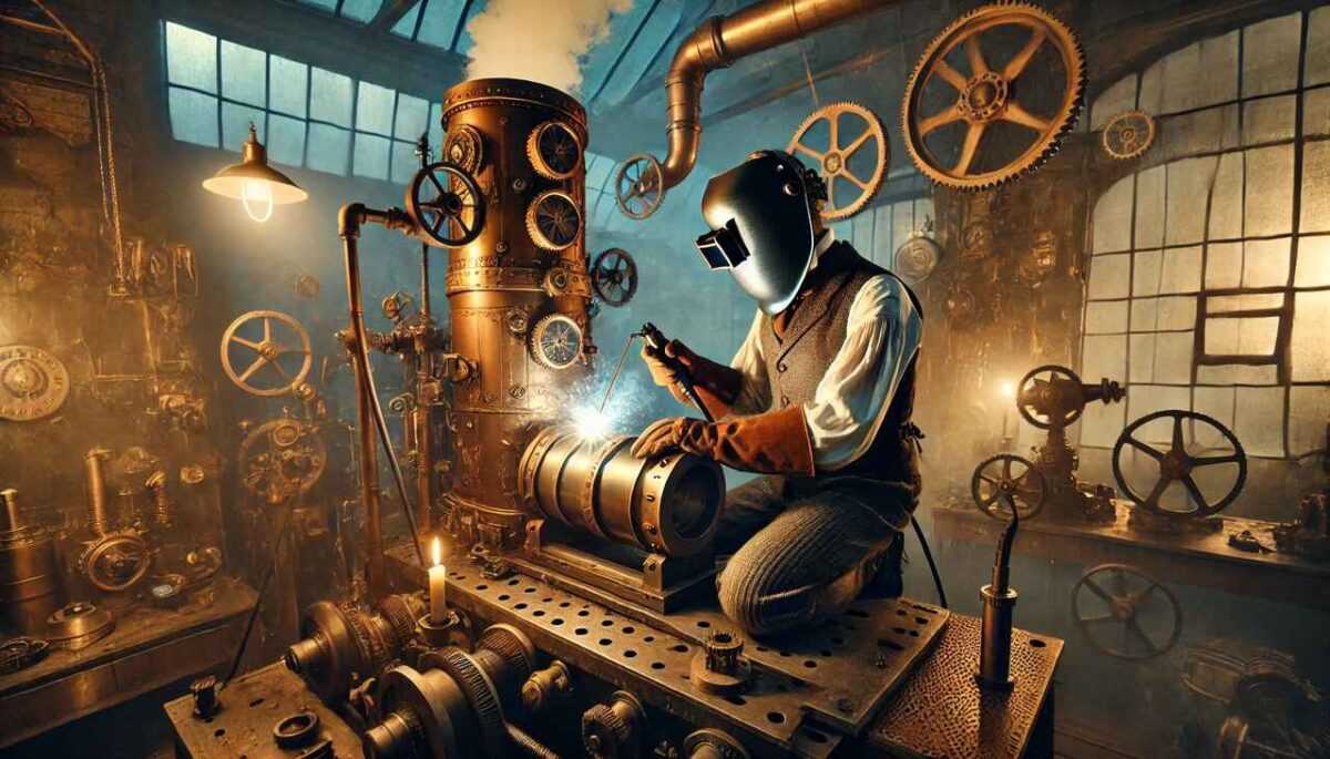 DALL·E 2024 09 10 21.01.11 A steampunk themed welder working on a welding positioner at dusk surrounded by steam powered machinery. The welder dressed in Victorian style attir Easy Resize.com -Sprytny Spawacz.pl