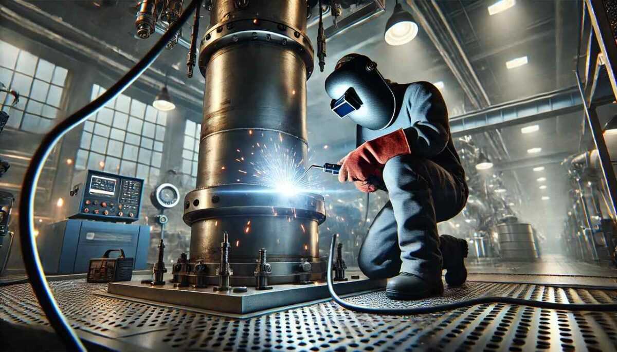 DALL·E 2024 09 15 20.35.40 A highly detailed and professional welding scene in an industrial setting. The focus is on the welder using the MIG welding process to work on a larg Easy Resize.com -Sprytny Spawacz.pl