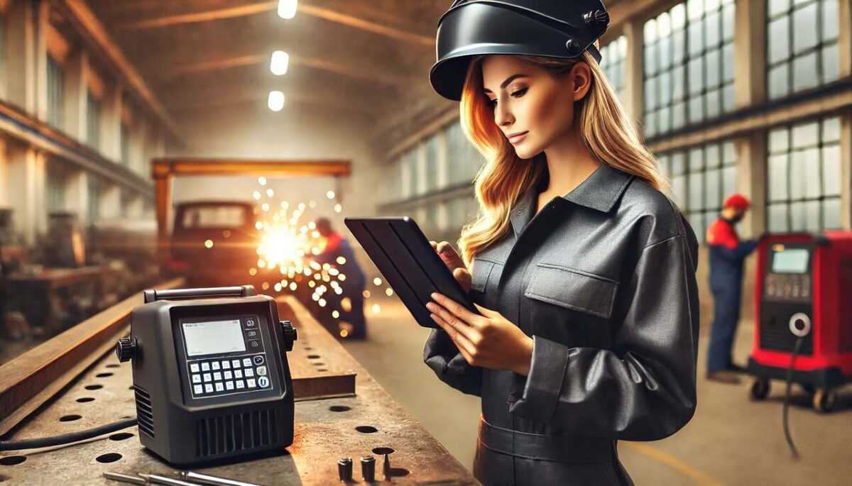 a woman wearing a helmet and holding a tablet