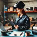 a woman wearing a welding helmet and holding a tablet