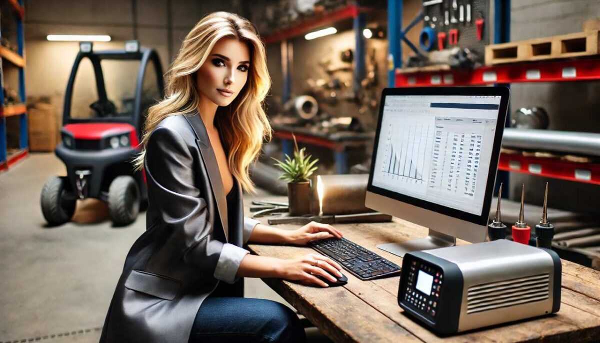 a woman sitting at a desk with a computer