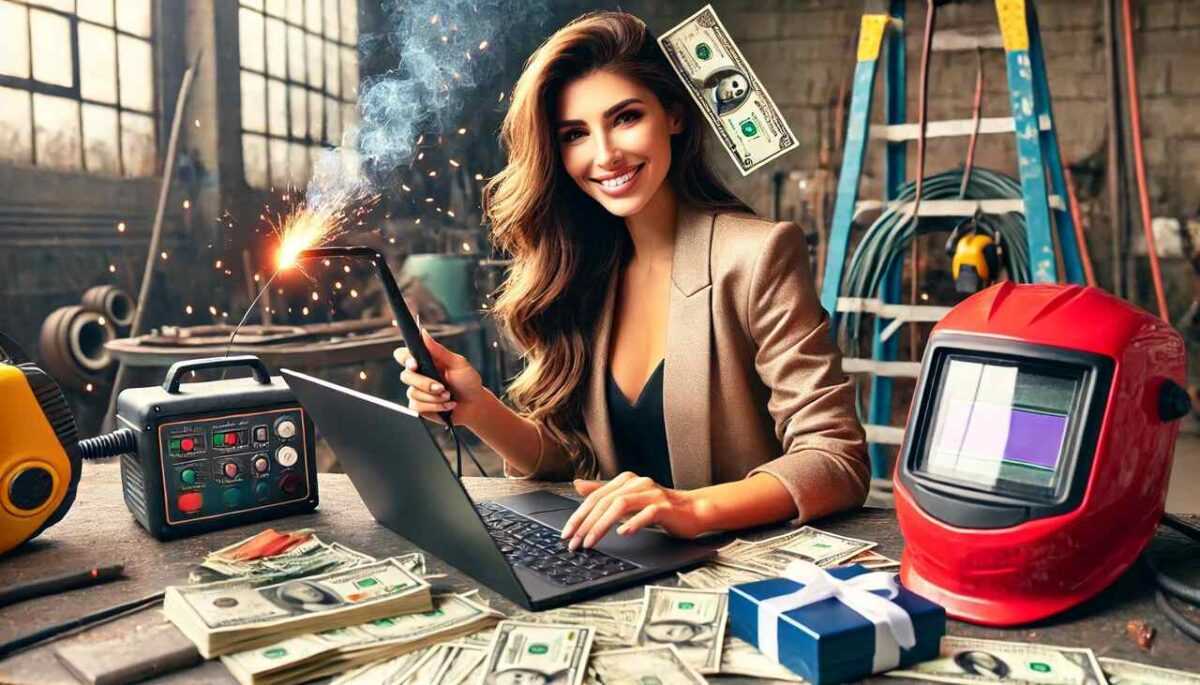 a woman sitting at a table with a laptop and a lot of money