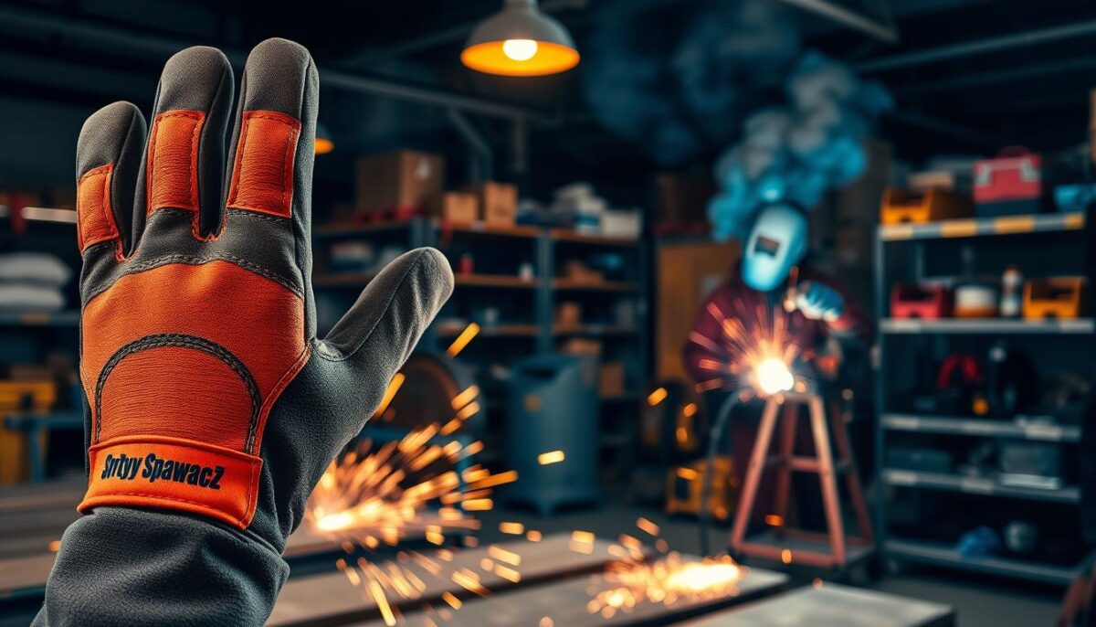A detailed close-up of high-quality welding gloves branded "Sprytny Spawacz," displayed prominently in the foreground. The gloves should be made of durable leather, with reinforced stitching and vibrant orange highlights for visibility. In the middle ground, a welder in a professional outfit is working intently at a welding station, showcasing sparks flying in an industrial workshop filled with welding tools and safety equipment. The background features shelves with neatly organized welding tools and a dimly lit ambiance, illuminated by warm overhead lighting that casts an inviting glow. The entire scene conveys a sense of safety and professionalism in welding, highlighting the importance of protective gear in the field.