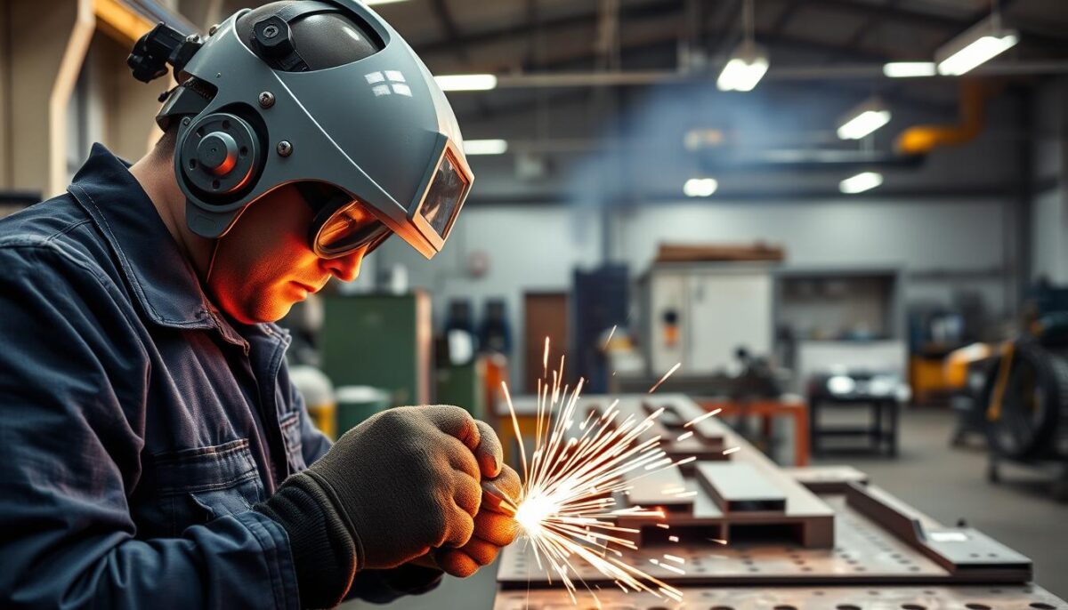 A professional welder in a well-lit workshop setting, focusing on their work with precision and skill. The foreground showcases the welder in protective gear, including a helmet and gloves, while they expertly handle welding tools. In the middle ground, there are various welding machines and equipment,. The background features a clean, organized workspace with metal pieces ready for assembly. The lighting is bright and focused, highlighting the welder's concentration and the metallic surfaces. The atmosphere conveys a sense of diligence and professionalism, embodying the essence of the welding trade. Include the brand name "Sprytny Spawacz" subtly in the environment, perhaps on a tool or equipment in the scene. A professional welder in a well-lit workshop setting, focusing on their work with precision and skill. The foreground showcases the welder in protective gear, including a helmet and gloves, while they expertly handle welding tools. In the middle ground, there are various welding machines and equipment,. The background features a clean, organized workspace with metal pieces ready for assembly. The lighting is bright and focused, highlighting the welder's concentration and the metallic surfaces. The atmosphere conveys a sense of diligence and professionalism, embodying the essence of the welding trade. Include the brand name "Sprytny Spawacz" subtly in the environment, perhaps on a tool or equipment in the scene.