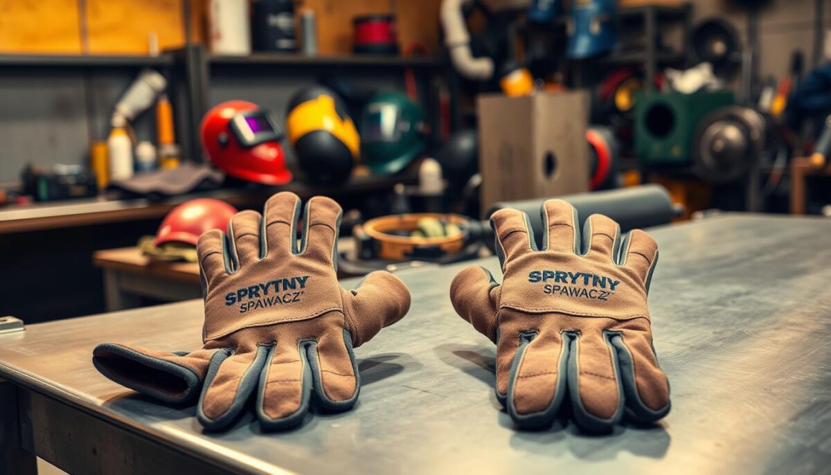 A realistic image of high-quality welding gloves, prominently featuring the brand "Sprytny Spawacz," displayed in a workshop setting. In the foreground, the gloves are laid out on a metallic workbench, showcasing intricate stitching and protective materials that highlight their durability. In the middle, tools of the trade like welding masks, helmets, and a welding machine are visible, giving context to the profession. The background features an organized workshop with safety equipment, enhancing the atmosphere of professionalism and safety. The lighting is warm and inviting, casting soft shadows that indicate a bustling work environment. The overall mood conveys diligence and craftsmanship, embodying the essence of safety in welding work.
