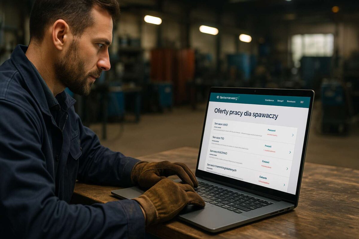 Spawacz w rękawicach przegląda na laptopie oferty pracy dla spawaczy