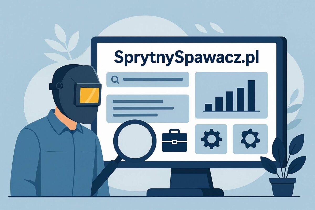 Ilustracja spawacza przed monitorem z panelem SprytnySpawacz.pl i wykresami skuteczności ogłoszeń