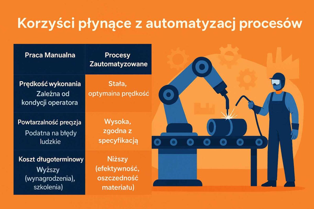 Infografika porównująca pracę manualną i zautomatyzowane procesy w spawalnictwie