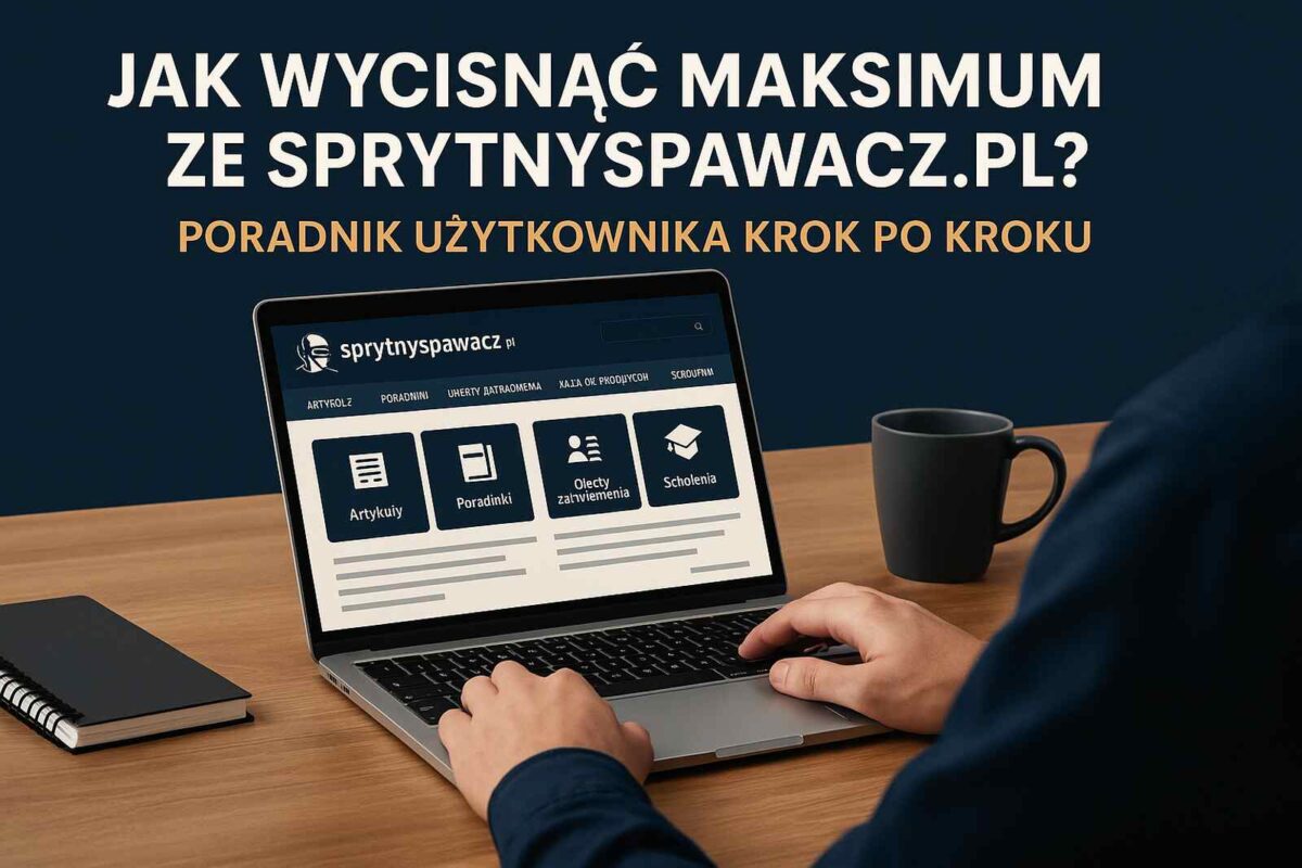 „Ekran laptopa z portalem SprytnySpawacz.pl i tytułem poradnika jak wycisnąć maksimum z serwisu