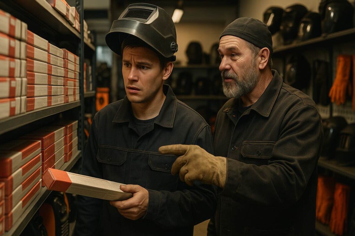 Spawacz wybierający elektrodę przy półce w sklepie spawalniczym z pomocą bardziej doświadczonego fachowca.