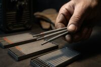 Jak dobrać elektrodę spawalniczą? 15 konkretnych przykładów dla różnych materiałów 3 Zbliżenie dłoni spawacza trzymającej trzy różne elektrody MMA nad stalowym stołem warsztatowym.