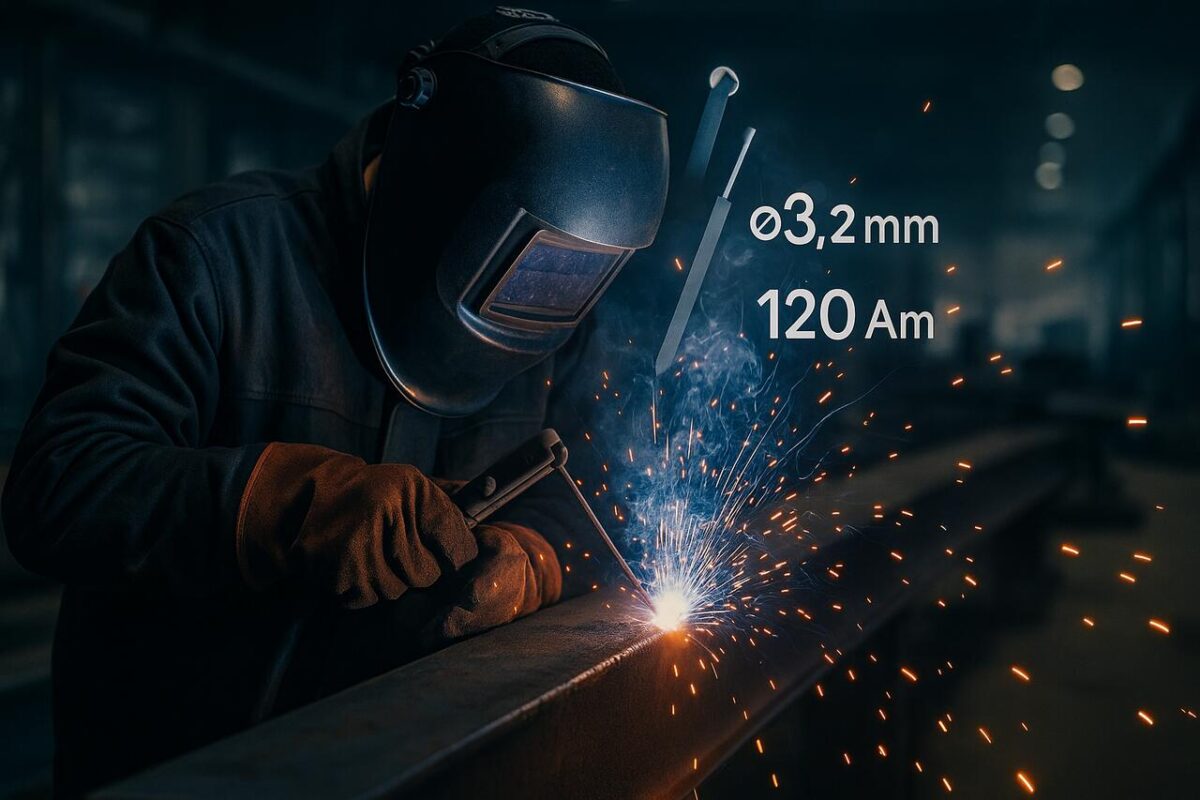Spawacz metodą MMA spawa belkę stalową elektrodą otuloną w nowoczesnym warsztacie.