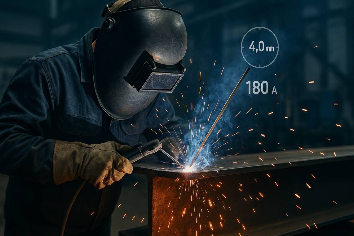 Spawacz metodą MMA spawa belkę stalową elektrodą otuloną w nowoczesnym warsztacie.