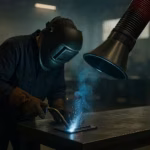 Spawacz przy stole roboczym spawa z ramieniem odciągu spawalniczego tuż nad jeziorkiem, usuwając dym u źródła.