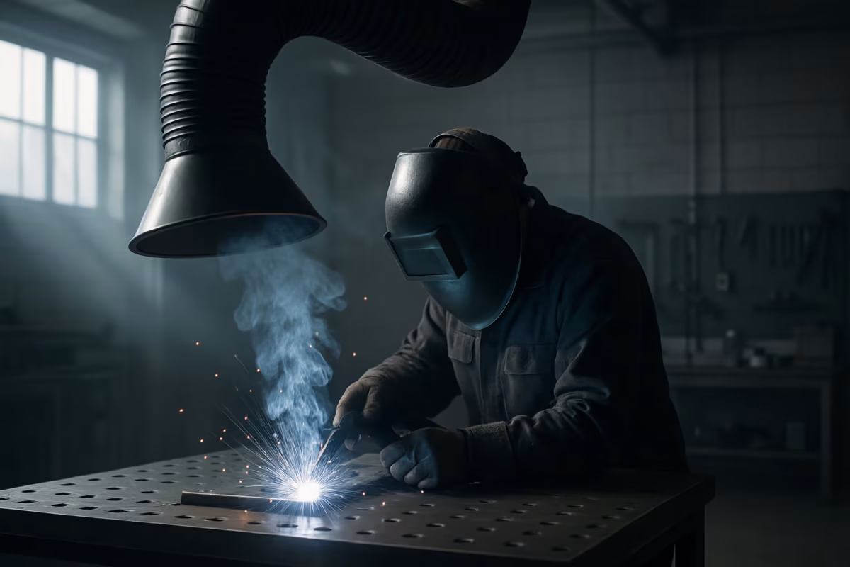 Spawacz pracuje przy stole spawalniczym z wbudowanym odciągiem i filtrowentylacją, która zasysa dym w dół.