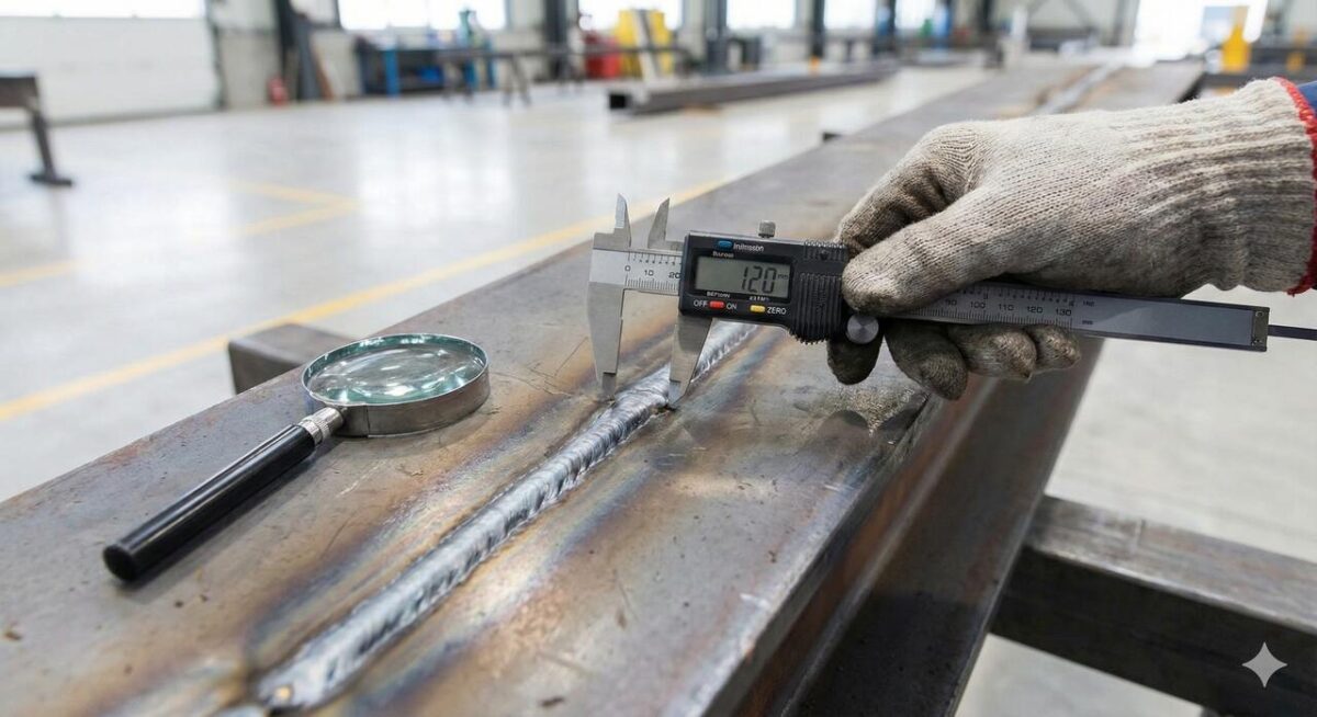 Kontrola jakości spoiny spawalniczej przy użyciu suwmiarki cyfrowej i lupy powiększającej.