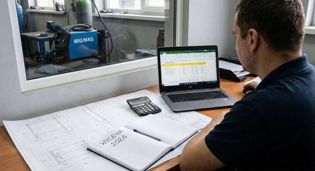 Właściciel warsztatu spawalniczego obliczający koszty zlecenia i stawkę godzinową na laptopie przy rysunkach technicznych.