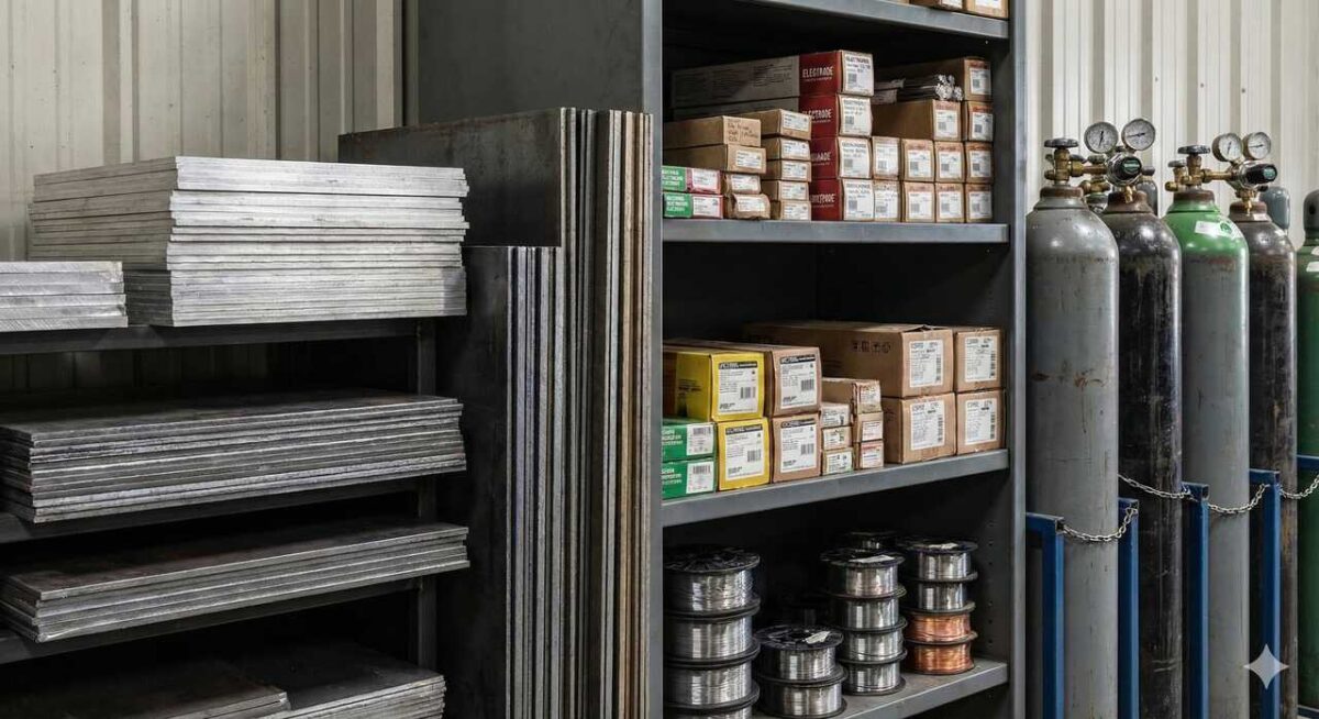 Magazyn materiałów spawalniczych: blachy aluminiowe, druty MIG MAG oraz butle z gazem osłonowym.
