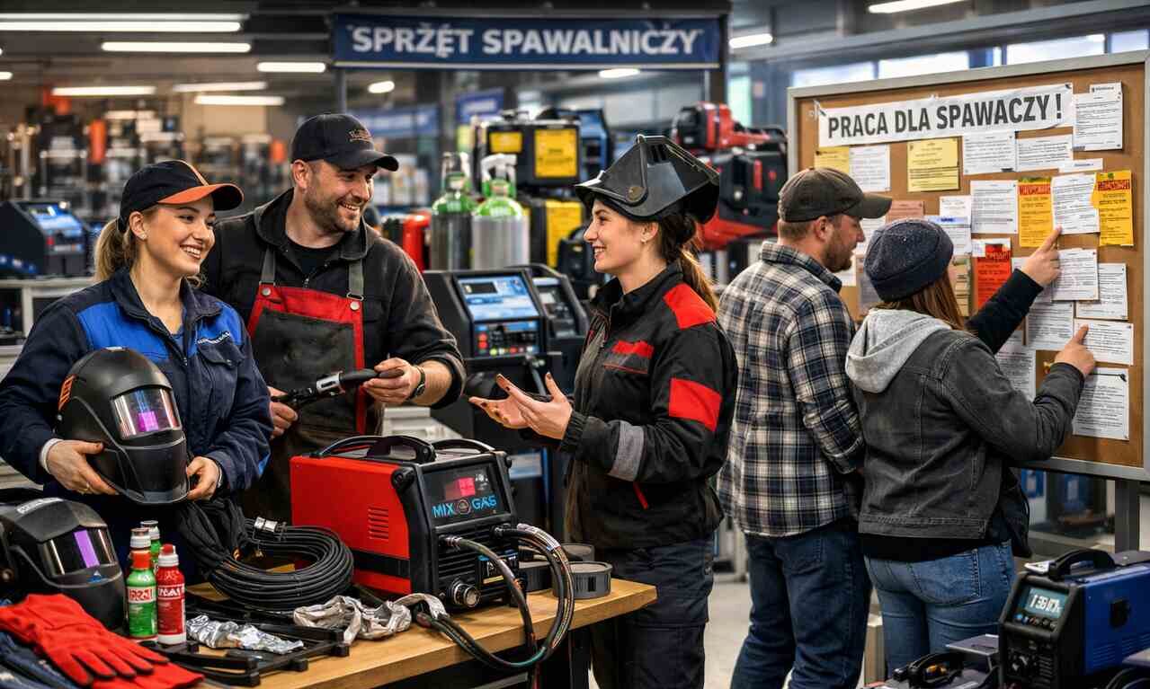 Grupa profesjonalnych spawaczy rozmawiająca w sklepie ze sprzętem spawalniczym obok tablicy z ofertami pracy.