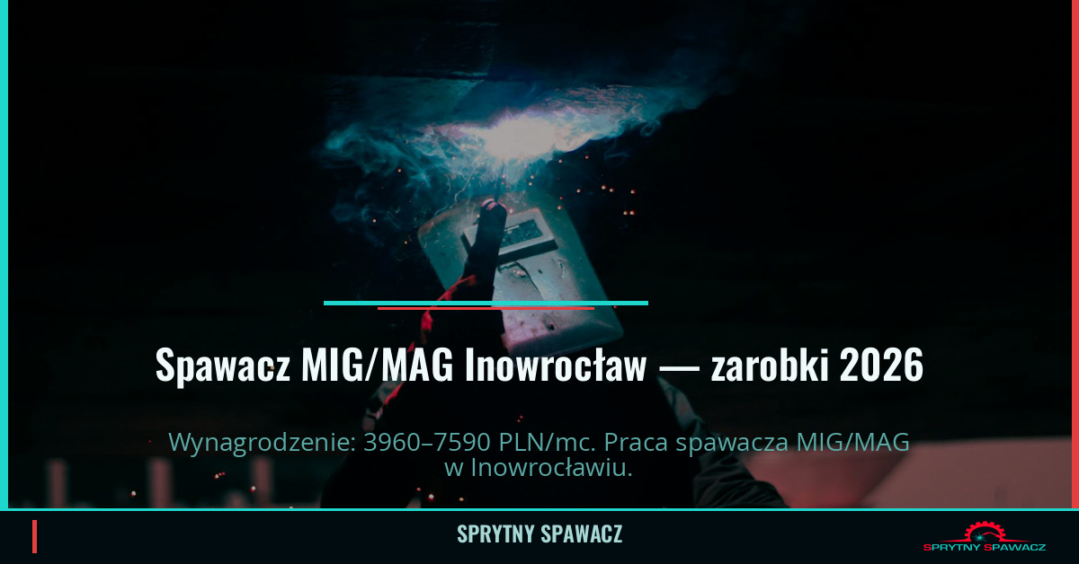 Zarobki spawacza MIG/MAG w Inowrocławiu — Kwiecień 2026 1 Spawacz MIG/MAG Inowrocław — zarobki 3960–7590 PLN/mc — SprytnySpawacz.pl