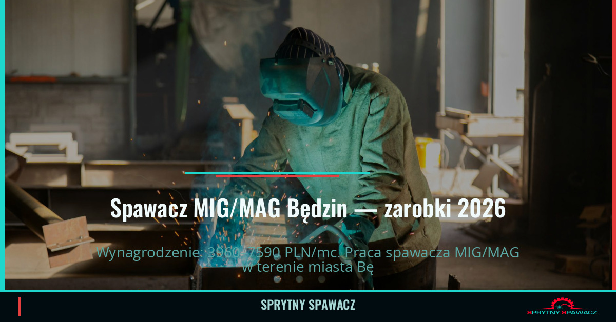 Zarobki spawacza MIG/MAG w Będzinie — Maj 2026 1 Spawacz MIG/MAG Będzin — zarobki 3960–7590 PLN/mc — SprytnySpawacz.pl