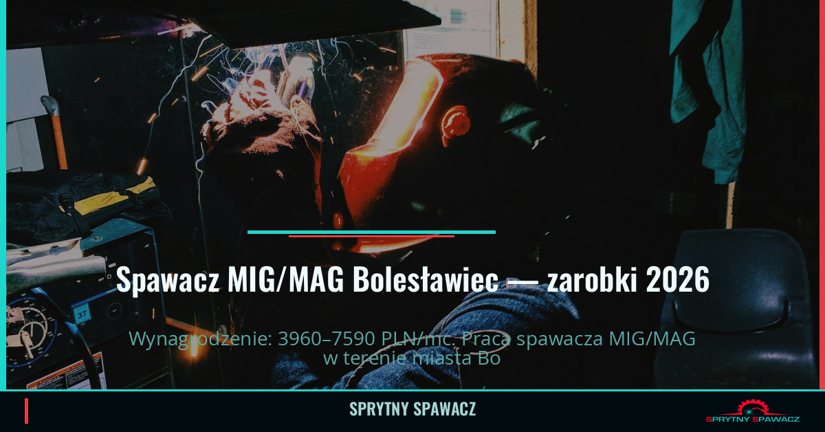 Zarobki spawacza MIG/MAG w Bolesławcu - Maj 2026 1 Spawacz MIG/MAG Bolesławiec — zarobki 3960–7590 PLN/mc — SprytnySpawacz.pl