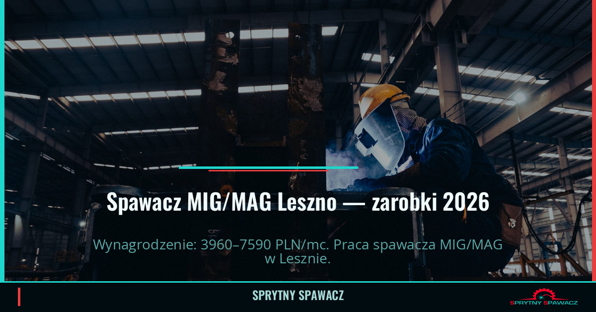 Zarobki spawacza MIG/MAG w Lesznie — Maj 2026 1 Spawacz MIG/MAG Leszno — zarobki 3960–7590 PLN/mc — SprytnySpawacz.pl