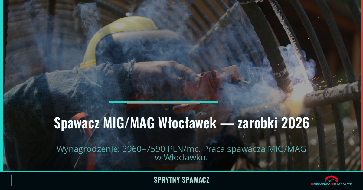 Zarobki spawaczy MIG/MAG w Włocławku 2026 1 Spawacz MIG/MAG Włocławek — zarobki 3960–7590 PLN/mc — SprytnySpawacz.pl
