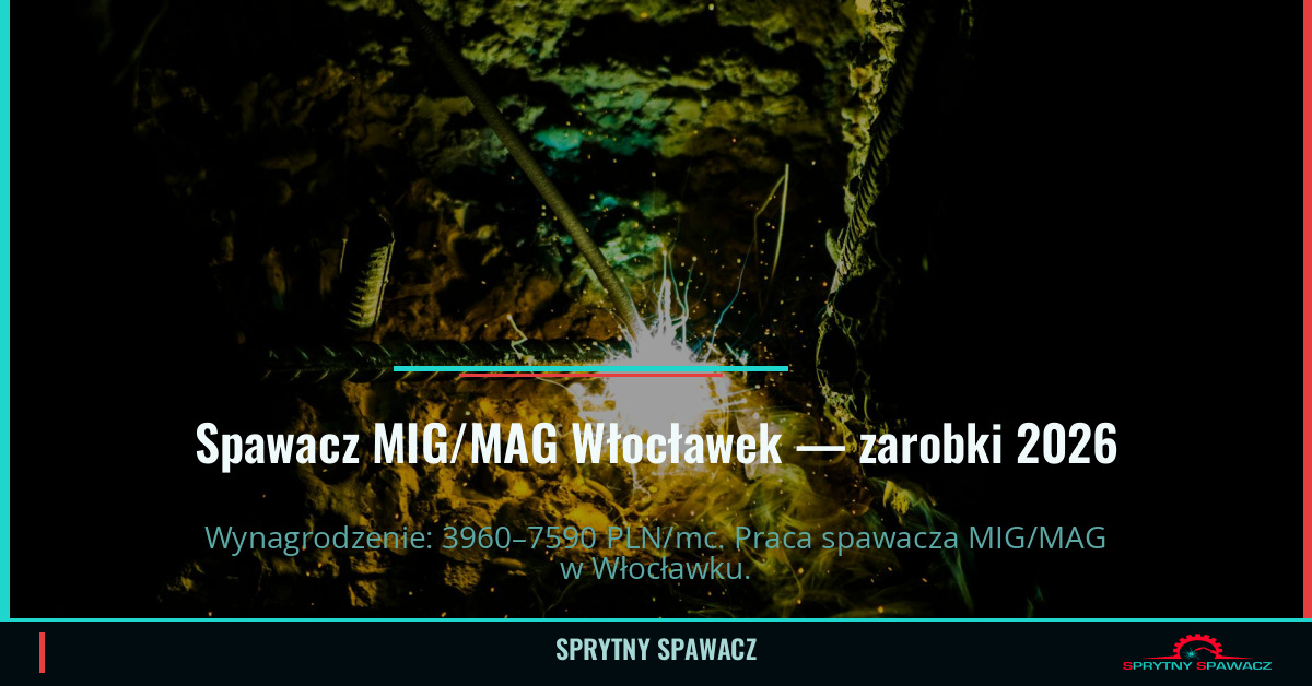 Zarobki spawacza MIG/MAG w Włocławek - Kwiecień 2026 1 Spawacz MIG/MAG Włocławek — zarobki 3960–7590 PLN/mc — SprytnySpawacz.pl