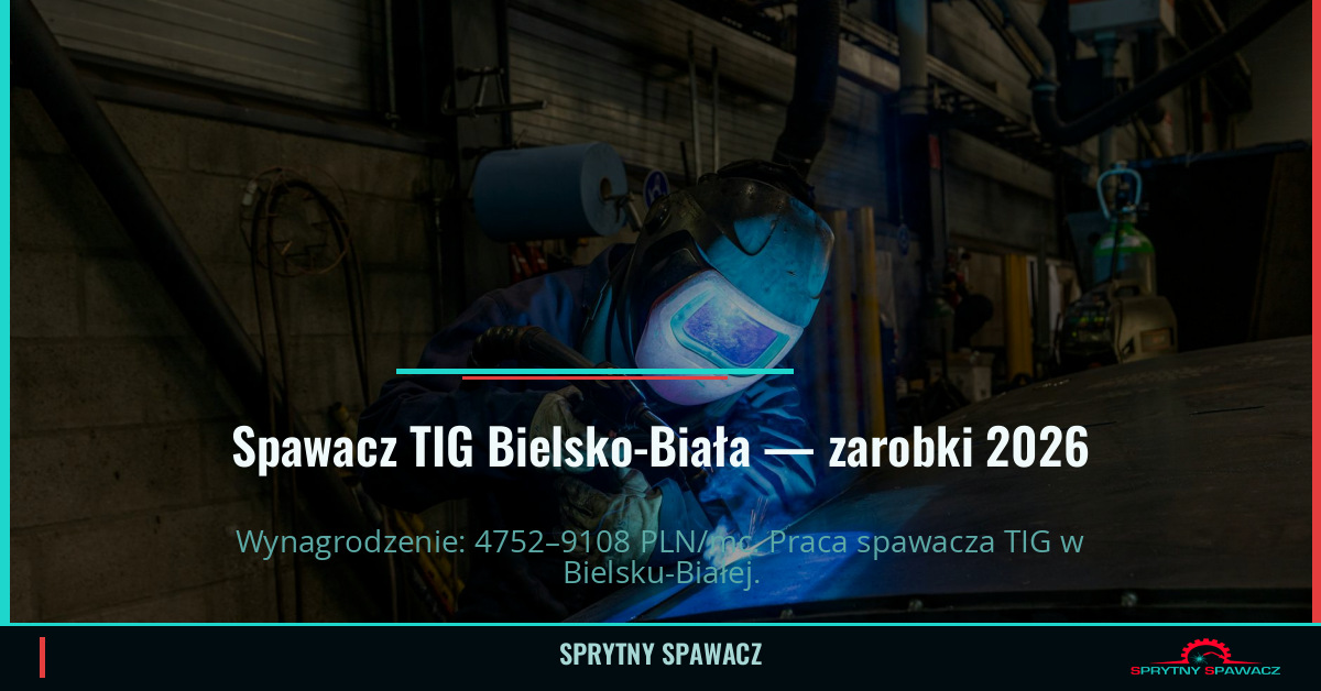 Zarobki spawacza TIG w Bielsko-Biała - Kwiecień 2026 1 Spawacz TIG Bielsko-Biała — zarobki 4752–9108 PLN/mc — SprytnySpawacz.pl