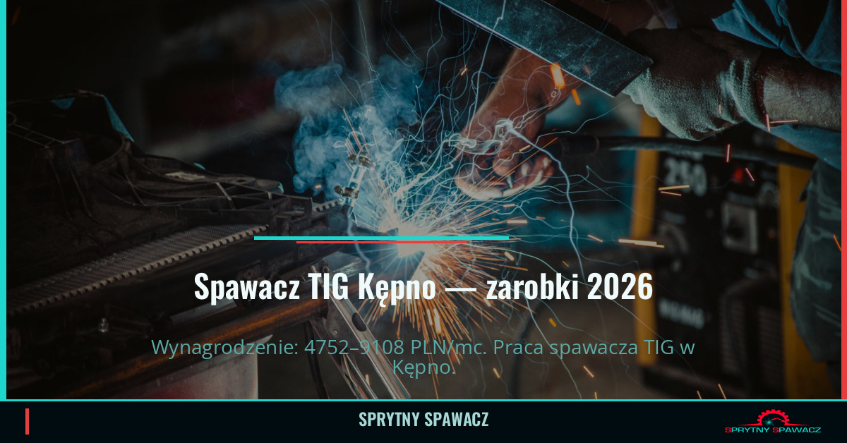 Zarobki spawacza TIG w Kępnie — Maj 2026 1 Spawacz TIG Kępno — zarobki 4752–9108 PLN/mc — SprytnySpawacz.pl