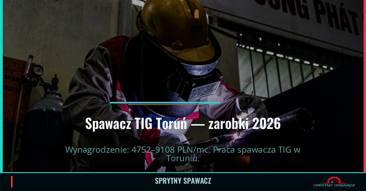 Zarobki spawacza TIG w Toruń - Kwiecień 2026 1 Spawacz TIG Toruń — zarobki 4752–9108 PLN/mc — SprytnySpawacz.pl