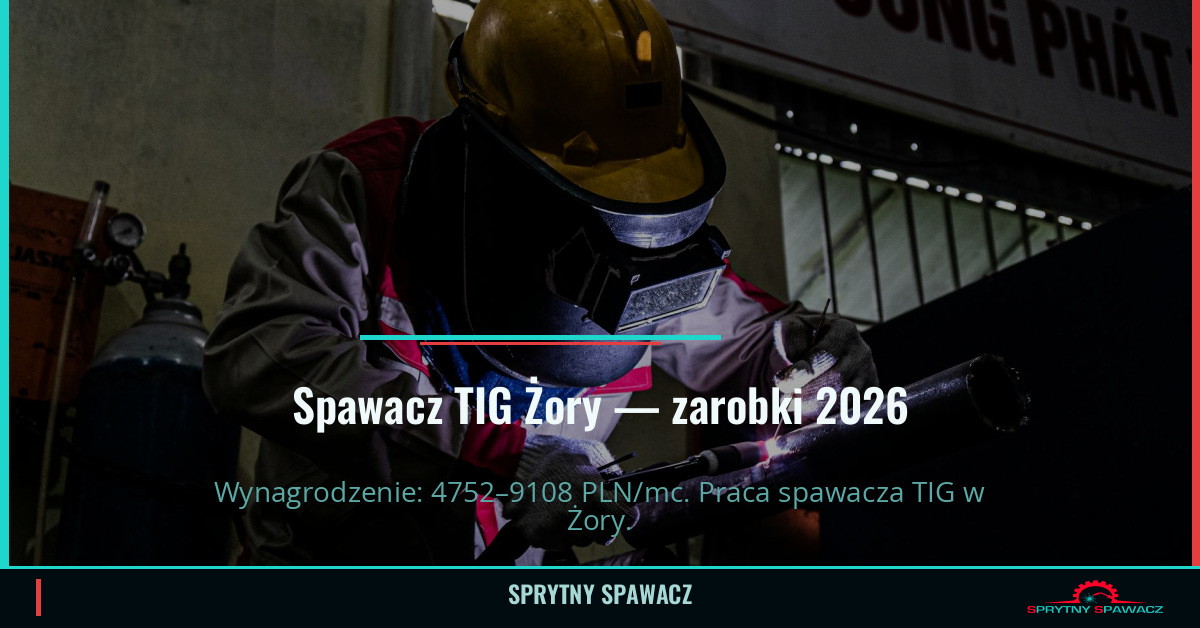 Zarobki spawacza TIG w Żory - Maj 2026 1 Spawacz TIG Żory — zarobki 4752–9108 PLN/mc — SprytnySpawacz.pl