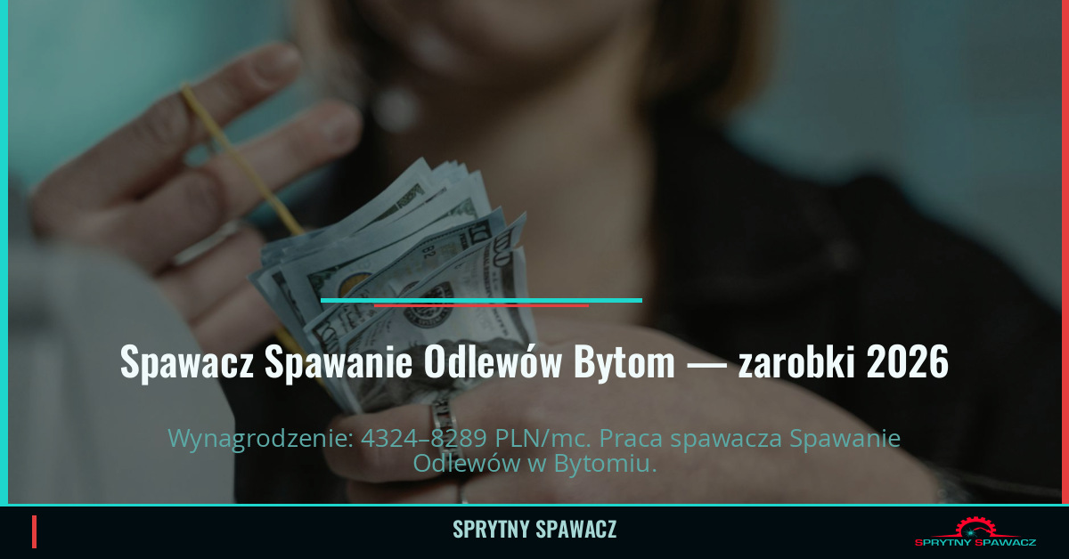 Zarobki spawacza Spawanie Odlewów w Bytomie – Czerwiec 2026 1 Spawacz Spawanie Odlewów Bytom — zarobki 4324–8289 PLN/mc — SprytnySpawacz.pl