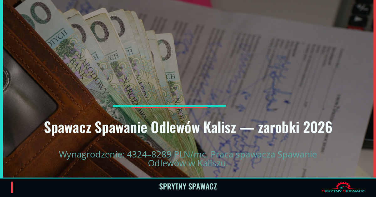 Zarobki spawacza Spawanie Odlewów w Kalisz 2026 1 Spawacz Spawanie Odlewów Kalisz — zarobki 4324–8289 PLN/mc — SprytnySpawacz.pl